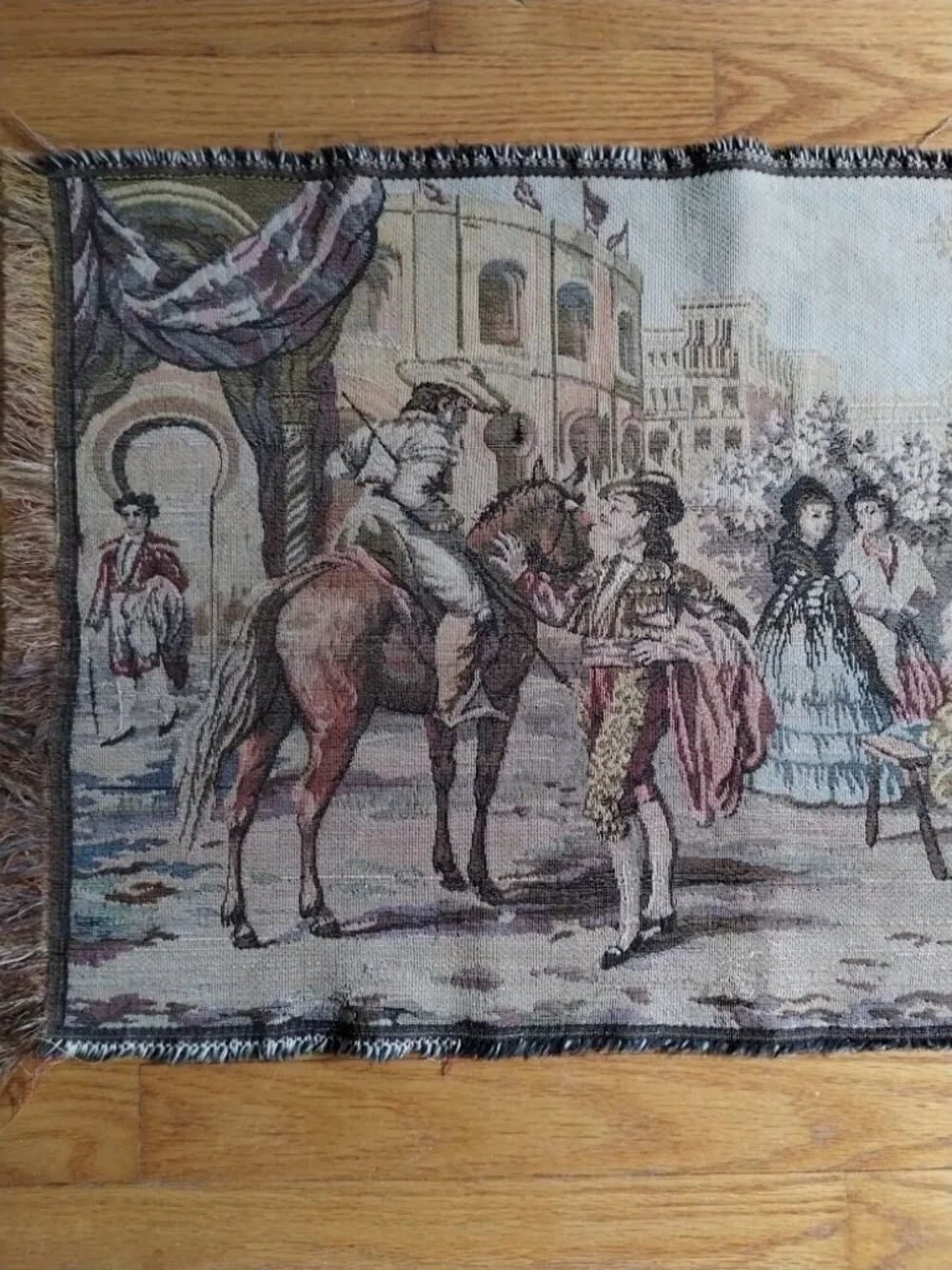VTG Italian Wall Hanging Wide Tapestry Depicting Town Square Socializing & Party